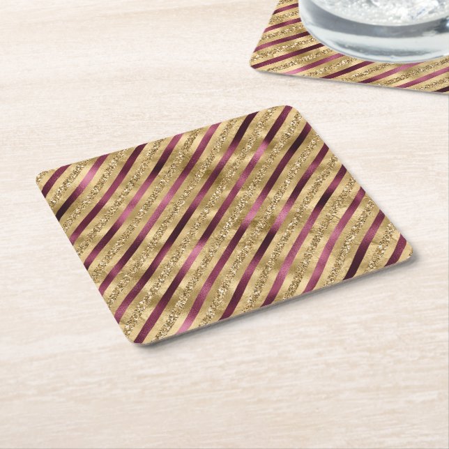 Dessous-de-verre Carré En Papier Burgundy Red Gold Parties scintillant Stripes (Incliné)