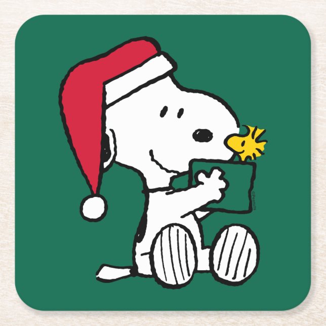 Dessous-de-verre Carré En Papier cacahuètes | Snoopy Père Noël & Woodstock Cadeau (Devant)