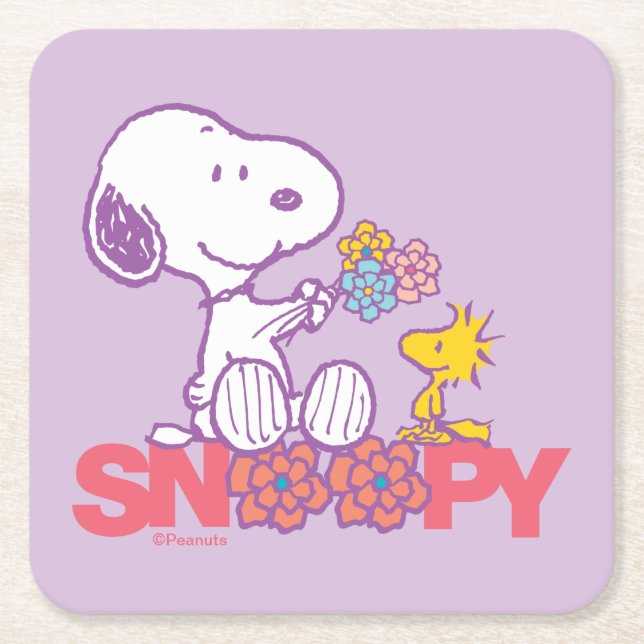 Dessous-de-verre Carré En Papier cacahuètes | Snoopy & Woodstock Flowers (Devant)