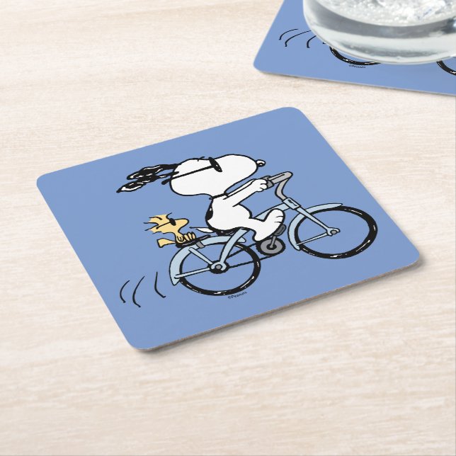 Dessous-de-verre Carré En Papier cacahuètes | Vélo Snoopy & Woodstock (Incliné)