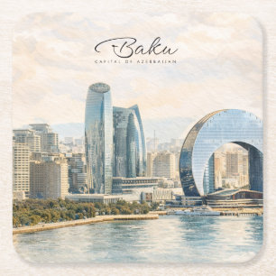 Dessous-de-verre Carré En Papier Cadeau de voyage aquarelle capitale Bakou Azerbaïd
