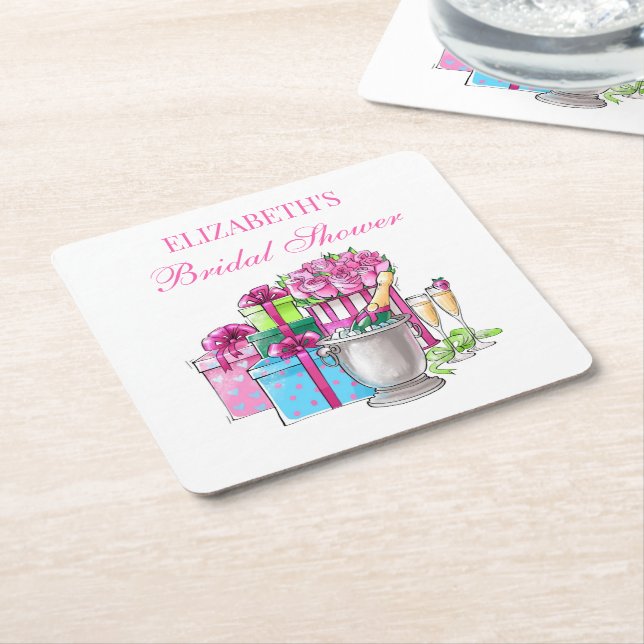 Dessous-de-verre Carré En Papier Cadeaux de mariage préppy Champagne Roses (Incliné)