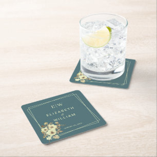 Dessous-de-verre Carré En Papier Cadre aux Roses, Style de mariage sur fond Bleu Ma