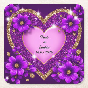 Dessous-de-verre Carré En Papier Cadre Cœur Violet avec Paillettes et Fleurs