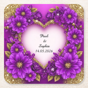 Dessous-de-verre Carré En Papier Cadre Cœur Violet avec Paillettes et Fleurs