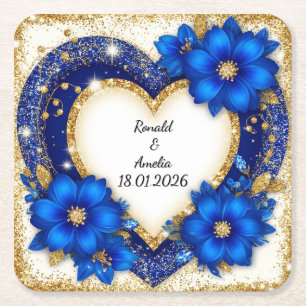 Dessous-de-verre Carré En Papier Cadre de cœur bleu et or élégant