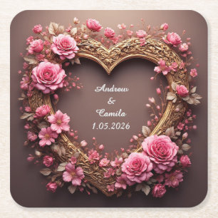 Dessous-de-verre Carré En Papier Cadre de cœur élégant décoré de roses roses