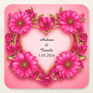 Dessous-de-verre Carré En Papier Cadre de fleur en forme de cœur avec fleurs roses