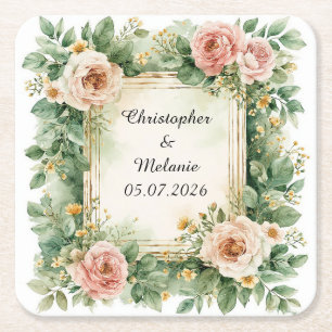 Dessous-de-verre Carré En Papier Cadre floral à l'aquarelle élégant