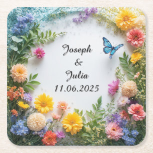 Dessous-de-verre Carré En Papier Cadre floral coloré avec papillon bleu