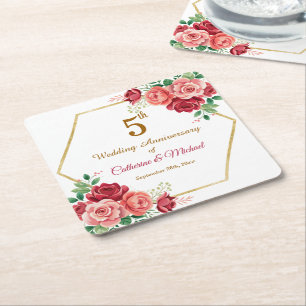 Dessous-de-verre Carré En Papier Cadre floral doré pour 5e anniversaire de mariage