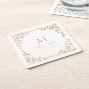 Dessous-de-verre Carré En Papier Cadre Vintage Neutre Élégant Monogramme de Mariage