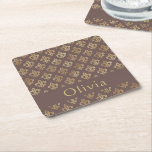 Dessous-de-verre Carré En Papier Café Brown & Or Fleur De Lis Personnalisé