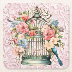 Dessous-de-verre Carré En Papier Cage à oiseaux floral aquarelle vintage romantique