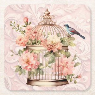 Dessous-de-verre Carré En Papier Cage à oiseaux floral aquarelle vintage romantique