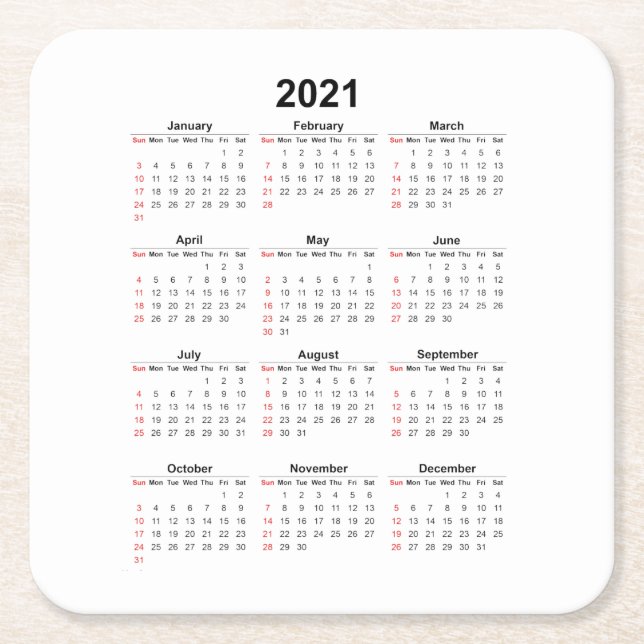 Dessous-de-verre Carré En Papier Calendrier mensuel 2021 (Devant)