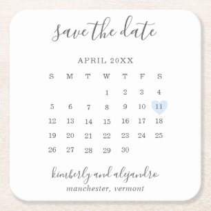 Dessous-de-verre Carré En Papier Calendrier simple bleu pastel cœur Enregistrer la