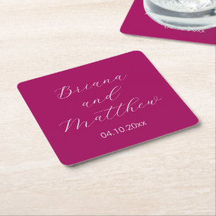 Dessous-de-verre Carré En Papier Calligraphie de script minimaliste Magenta Mariage