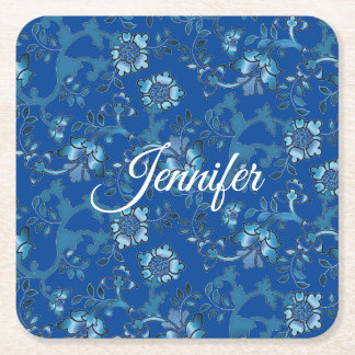 Dessous-de-verre Carré En Papier Calligraphie Elégant bleu Floral Nom personnalisé