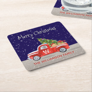 Dessous-de-verre Carré En Papier Camion de Noël avec neige la nuit Monogrammé