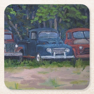 Dessous-de-verre Carré En Papier Camions Vintages rouges et bleus, peinture origina