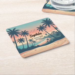 Dessous-de-verre Carré En Papier Cancun Vintage 2026 Coucher de soleil tropical sur