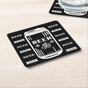 Dessous-de-verre Carré En Papier Canette de bière - blanc sur le noir