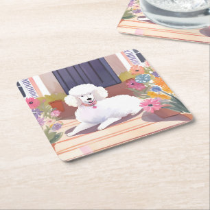 Dessous-de-verre Carré En Papier Caniche Blanc   Fleurs Aquarelle Chien Animal