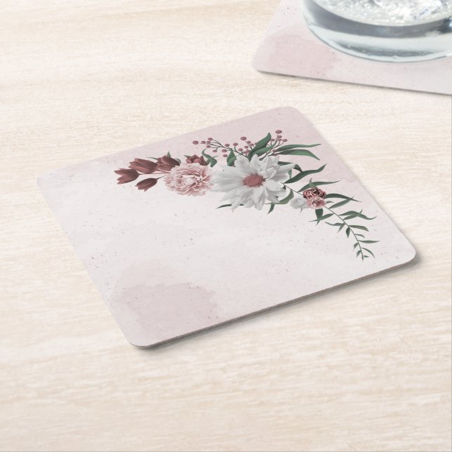 Dessous-de-verre Carré En Papier cannelle rose rose blanc floral (Incliné)