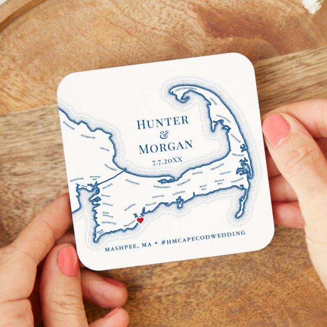 Dessous-de-verre Carré En Papier Cape Cod Mariage Welcome Party Cocktail Hour (Drink Coaster Cape Cod Map Wedding favor personalized in elegant navy blue from Coastal Map Designs)