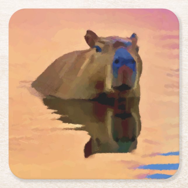 Dessous-de-verre Carré En Papier Capybara émergeant d'un lac d'art paisible (Devant)