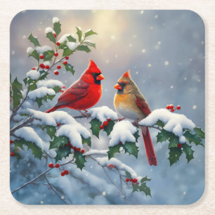 Dessous-de-verre Carré En Papier Cardinaux rouges et Holly en neige