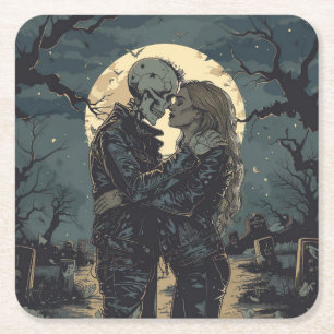 Dessous-de-verre Carré En Papier Caricature gothique romantique d'un squelette et d