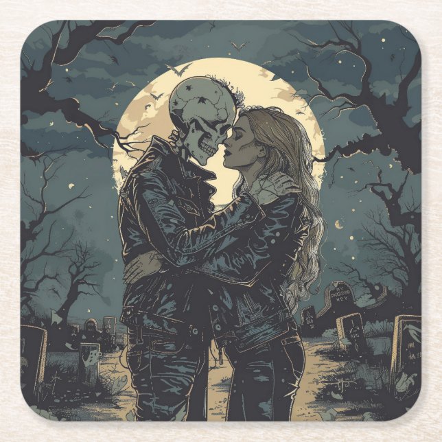 Dessous-de-verre Carré En Papier Caricature gothique romantique d'un squelette et d (Devant)