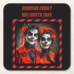 Dessous-de-verre Carré En Papier Caricature rouge et noire Dia de los Muertos coupl