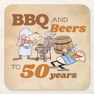 Dessous-de-verre Carré En Papier Caricature rustique BBQ & Bières 50e anniversaire