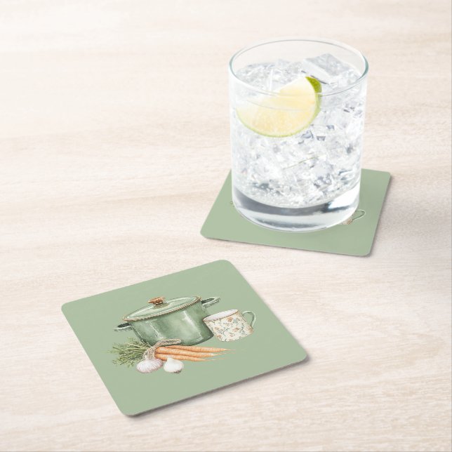 Dessous-de-verre Carré En Papier Carottes de pot vert  (En situation)