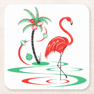 Dessous-de-verre Carré En Papier Carré de Flamant rose de Noël rouge