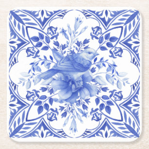Dessous-de-verre Carré En Papier Carreau floral bleu et blanc avec oiseau