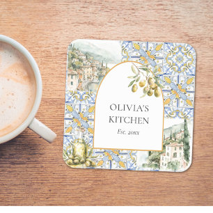 Dessous-de-verre Carré En Papier Carreaux de motif méditerranéen olive jaune bleu