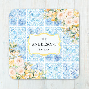 Dessous-de-verre Carré En Papier Carreaux Méditerranéens Bleus Fleur Citron Nom de 
