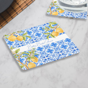 Dessous-de-verre Carré En Papier Carreaux Méditerranéens Citrons de Main Squeeze po