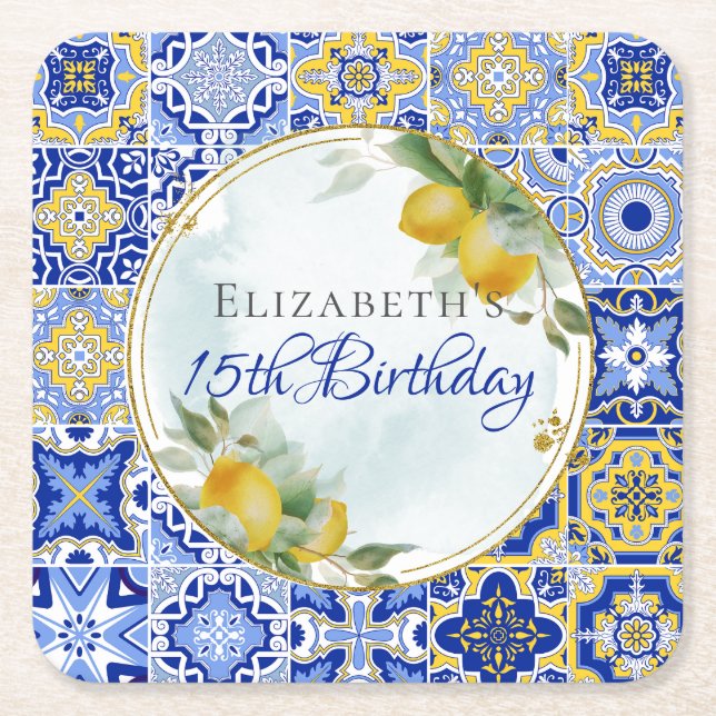 Dessous-de-verre Carré En Papier Carrelage bleu grec Citrons Parties scintillant or (Devant)