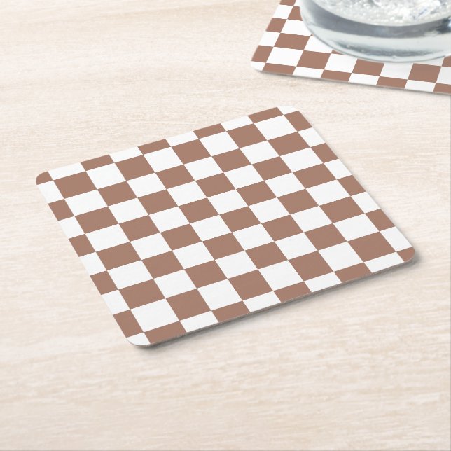 Dessous-de-verre Carré En Papier Carrés Checker mocha brun blanc géométrique rétro (Incliné)