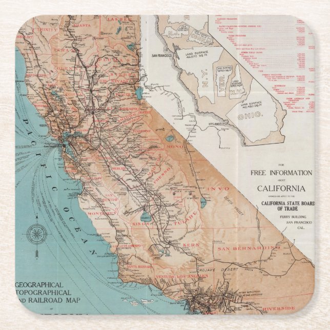 Dessous-de-verre Carré En Papier Carte de la Californie 2 (Devant)