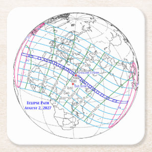 Dessous-de-verre Carré En Papier Carte de l'éclipse solaire totale de 2027