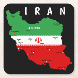 Dessous-de-verre Carré En Papier Carte de l'Iran avec drapeau et emblème