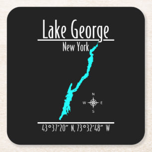 Dessous-de-verre Carré En Papier Carte des coordonnées du rivage du lac George, New