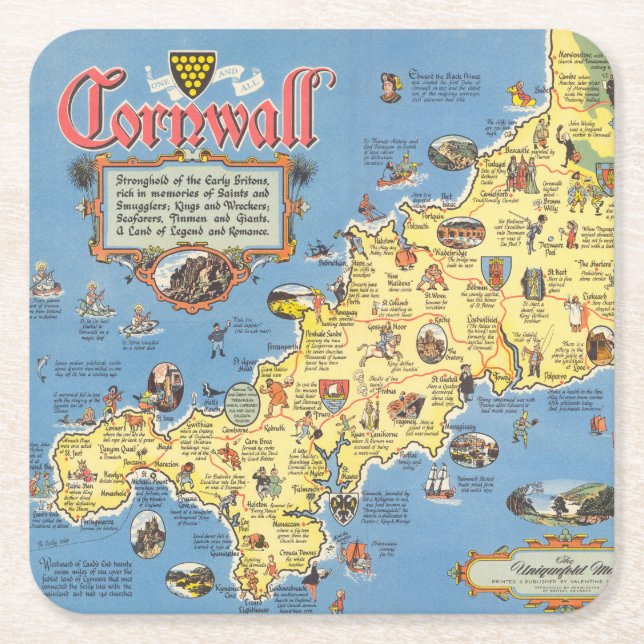 Dessous-de-verre Carré En Papier Carte des Cornouailles, Angleterre (Devant)