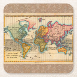 Dessous-de-verre Carré En Papier Carte du Monde 1780 Bonne Antique Planisphère